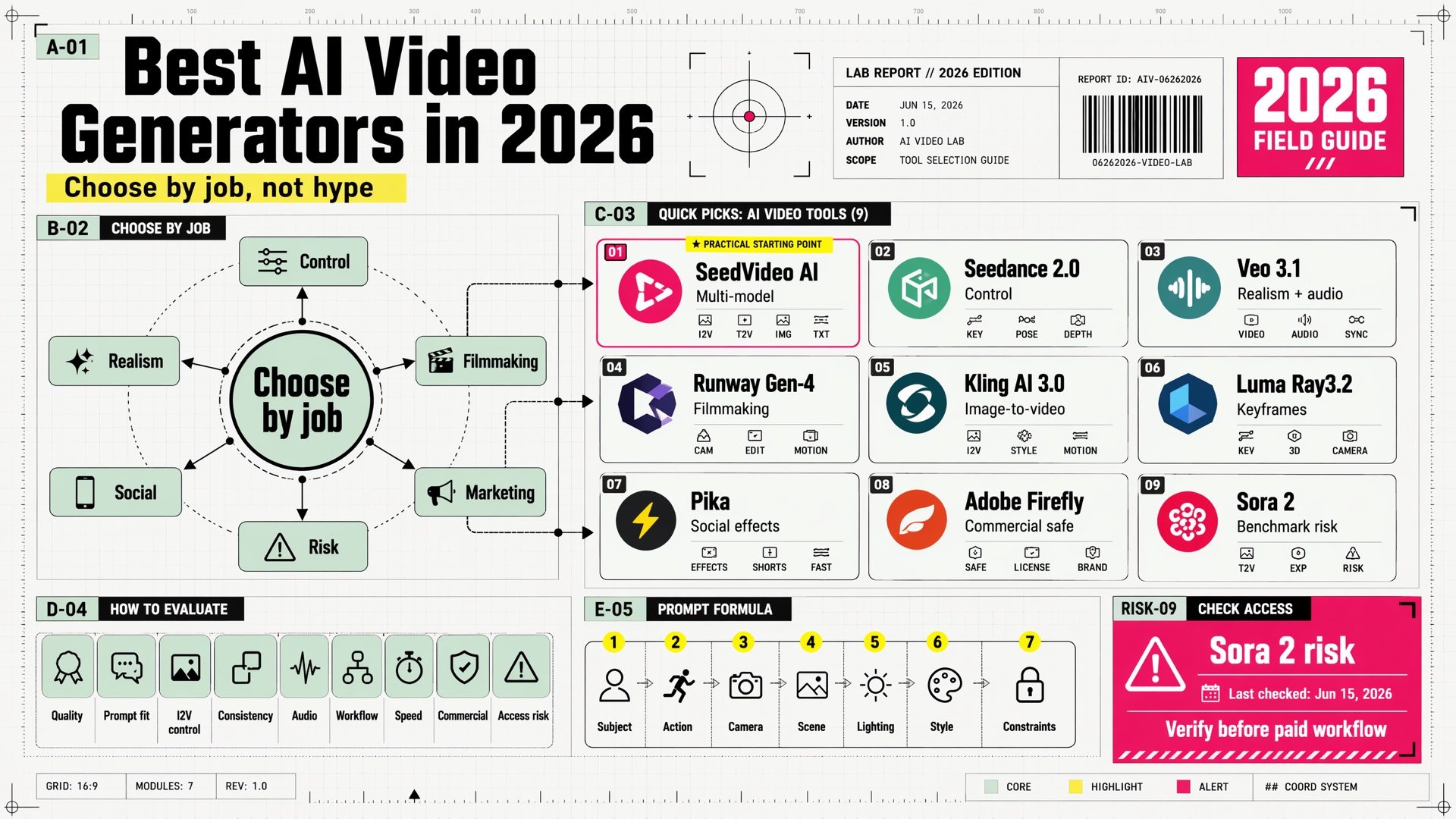 Best AI video generators in 2026 infographic comparing SeedVideo AI, Seedance, Veo, Runway, Kling, Pika, Firefly, and Sora by workflow